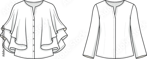 Women layered ruffle blouse technical fashion illustration, front back view button front long sleeve casual top flat vector