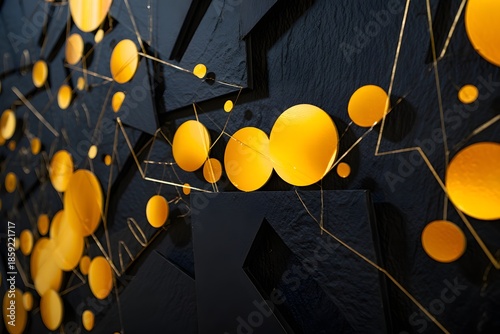 Golden orbs floating on dark geometric background
