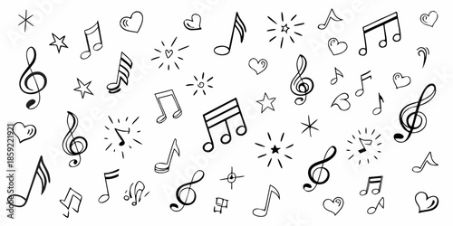 A whimsical black and white pattern of musical notes and decorative symbols