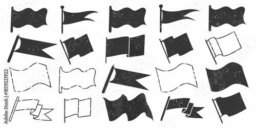 A collection of various black and white sketched pirate flags and pennants