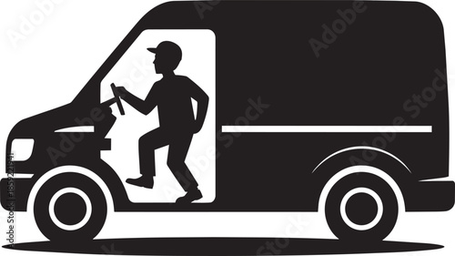 Commercial cargo delivery van driver silhouette man stepping out of transportation vehicle shipping service job.