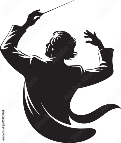 Conductor silhouette leading orchestra with baton dynamic pose musical performance vector
