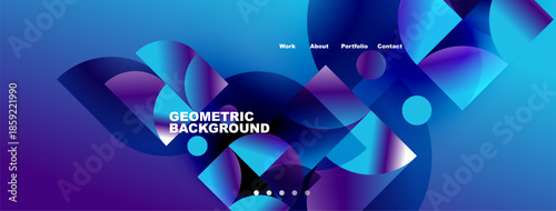 Abstract geometric background features vibrant blue, purple hues. Modern design includes text elements, navigation options. Dynamic composition.