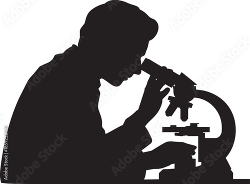 Scientist looking through microscope lens in laboratory silhouette for science research concept