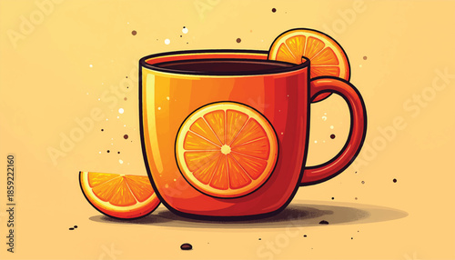 Vibrant Orange Mug - A Refreshing Citrus Drink Illustration.