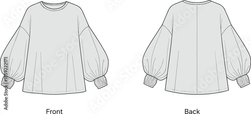 Women puff sleeve blouse technical fashion illustration, front back view round neck casual top flat vector