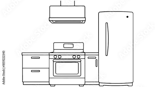 A line drawing depicts a kitchen counter with a stove and refrigerator.