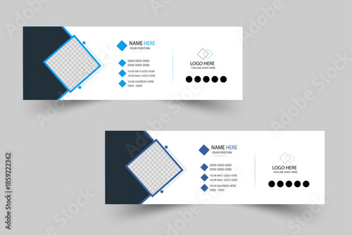 Modern Professional Email Signature Template and Digital Business Card Set with Blue Geometric Shapes and Square Photo Placeholder for Corporate Personal Branding.