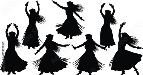 Traditional Hawaiian hula and Spanish flamenco dancer silhouette set, tropical island girl and latin performer poses, exotic cultural dance vector illustration on white