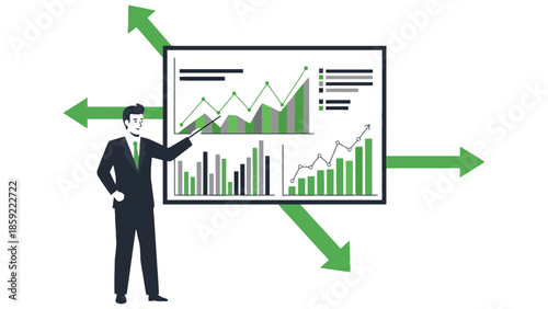 A businessman points to a financial chart on a whiteboard with arrows indicating growth.