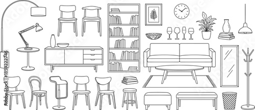 Modern furniture outline illustration, living room interior elements set, sofa chair table lamp bookshelf decor icons, minimal line art design collection