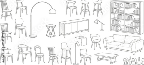 Hand drawn furniture sketch set, blue line art chairs sofas tables lamps shelves interior design elements collection isolated white background vector illustration outline drawing