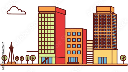 A stylized illustration of a city skyline with modern buildings and trees.