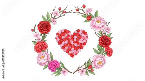 Beautiful floral heart wreath with roses and peonies