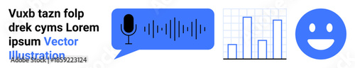 Voice recognition, technology tools, data analysis, user interaction, feedback systems, digital communication. Microphone with sound waves, charts and a happy face icon. Voice recognition