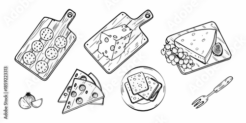 Sketch of cheese crackers and pizza on wooden boards and plates