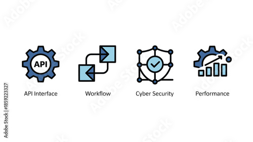 Cybersecurity icons in modern flat design with blue and black colors on white background for software development