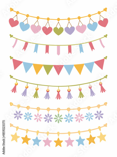 Colorful bunting and garland decorations with hearts stars and tassels