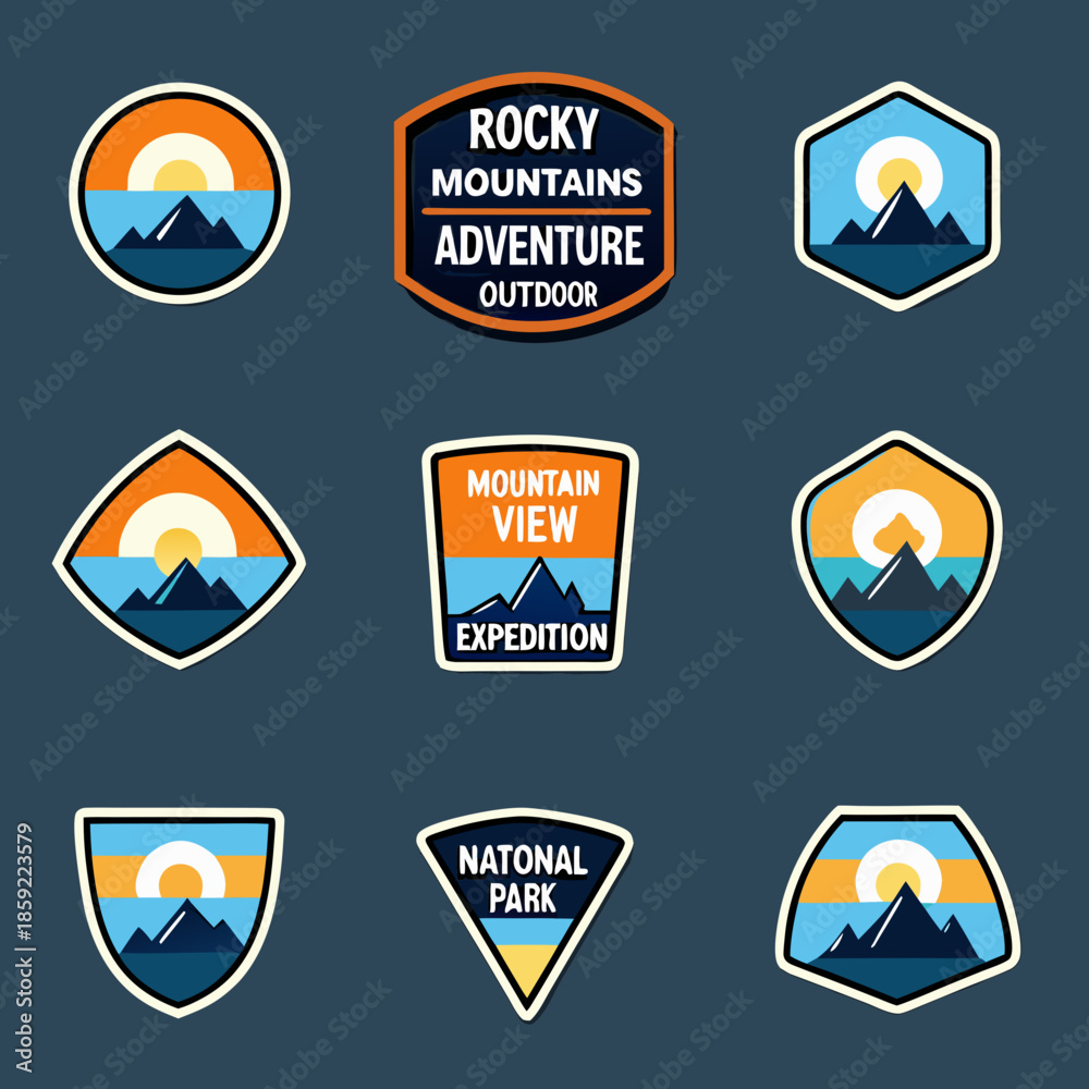 Obraz premium Rocky mountain adventure badges and national park emblem designs displayed