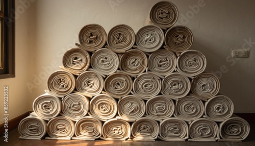 Stacked Rolls of Beige Fabric and Textiles in Storage Warehouse or Shop