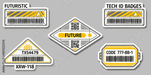Futuristic tech id badges with barcodes and qr codes on white background