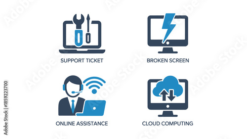 Computer Icons with Technical Issues and Support in Simple Flat Design with Blue Color Scheme for IT Services