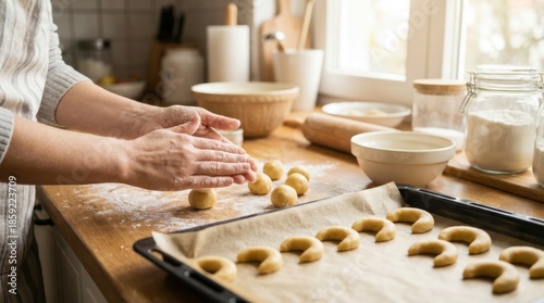 Hands rolling crescent cookie dough on a floured kitchen counter for homemade holiday baking preparation