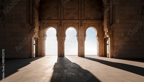 Dramatic Sunlight and Shadows Through Three Islamic Arches of a Grand Mosque Interior