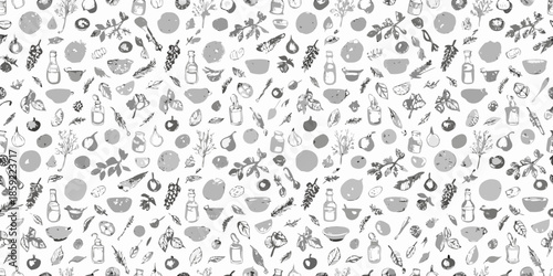 A delightful pattern showcasing various food items and botanical illustrations