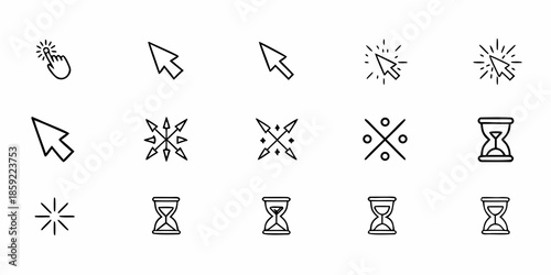 Collection of computer cursor icons hourglasses and starburst designs in black outlines
