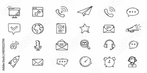 Collection of communication and technology related line icons in black and white