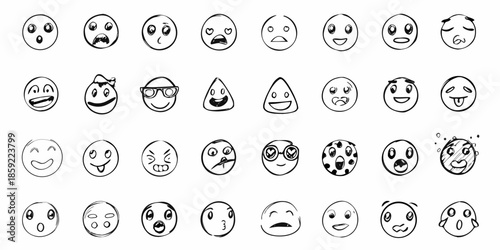 Collection of hand drawn black and white emotive face icons in a grid arrangement