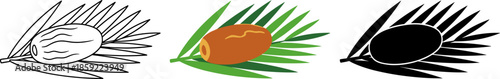 Single date fruit with palm leaf vector set in outline, color, and black silhouette.