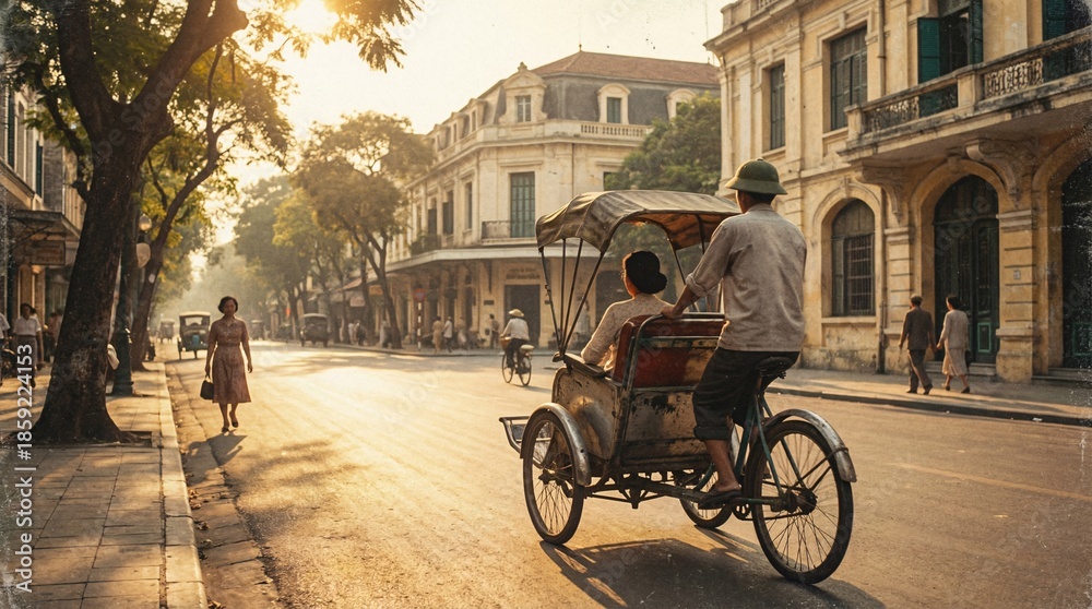 Obraz premium Vintage street scene with cyclist riding traditional tricycle
