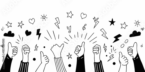 Hands giving thumbs up and celebratory symbols against a white background