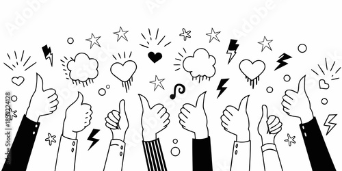 A collection of hands hearts stars and lightning bolts in a playful sketch