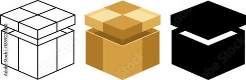 Open gift box and delivery parcel icons in line art, flat color, and black silhouette.