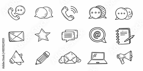 Collection of hand drawn communication icons including phones messages and office supplies