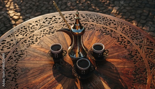 Traditional Arabic Dallah and Coffee Cups on a Carved Wooden Table with Warm Sunset Light