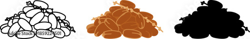 Fresh dates fruit collection with leaves and bowls in outline, colorful flat design, and silhouette.