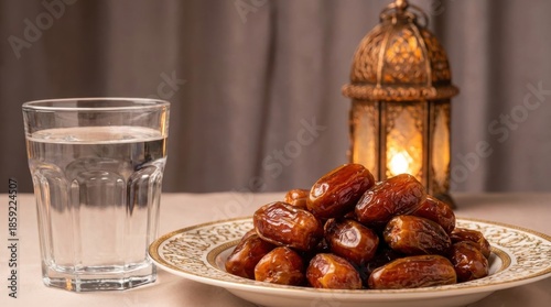 Fresh dates and water ready for Iftar illuminated by a decorative Ramadan lantern (Fanus) on a traditional setting.