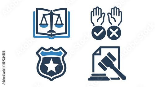 Law and Order Icons in Simple Flat Design with Blue Color Scheme for Legal Services