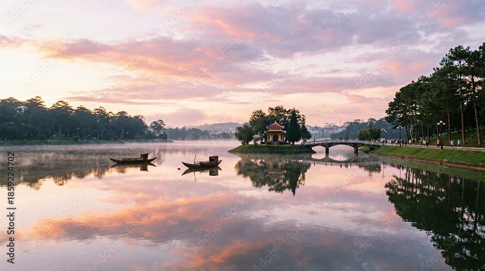 Obraz premium Serene lake scene at sunset with boats and bridge