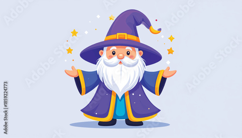 Cartoon Wizard with Magic Wand Casting Spell Illustration.