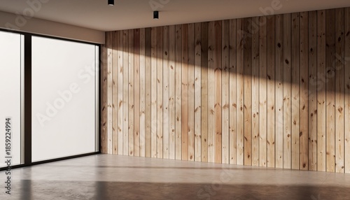 Modern empty room interior with wood panel wall concrete floor and large panoramic window illuminated by sunlight