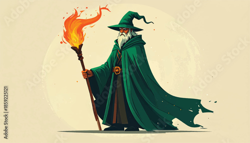 Wizard with a Flaming Staff - A Fantasy Character Illustration.