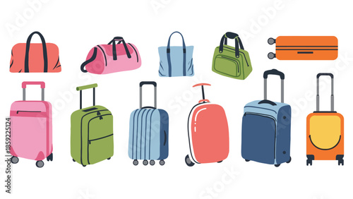 A collection of various travel bags and suitcases are displayed against a white background.