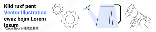 Teamwork, productivity, growth, communication, marketing, strategy. Gear icons, watering can and megaphone in simple graphics. Teamwork and productivity through these visuals