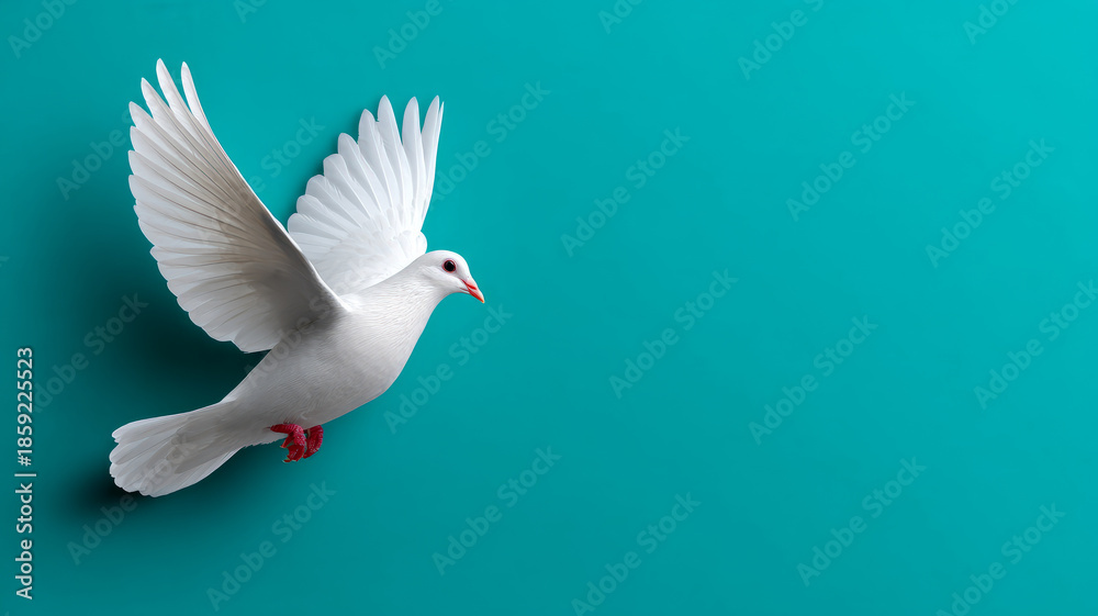 Fototapeta premium White dove flying against a teal background.