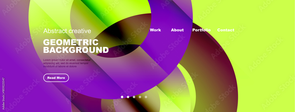 Fototapeta premium Bright website header design. Geometric shapes overlap, creating vibrant color gradients. Text promotes portfolio, contact info visible.